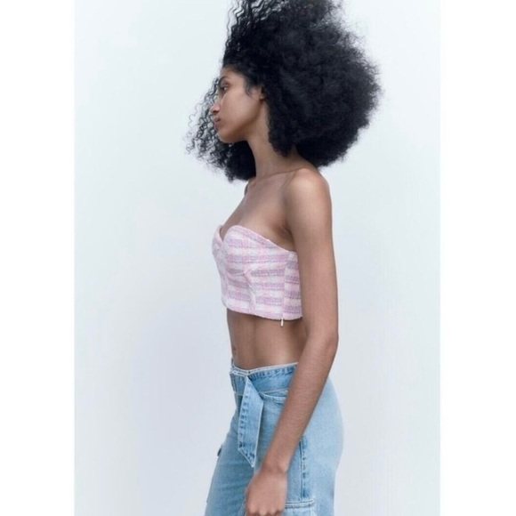 Zara Tweed Bustier Crop Top in Pink& White Twee size Med Clueless/Y2K - Picture 2 of 11